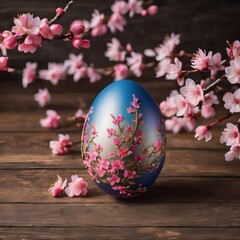 Obraz na płótnie Canvas A beautifully drawn (((Easter egg))), intricate details and colors complemented by delicate ((pink cherry blossoms)), set against a (distressed wooden table) with plenty of ((copy space)) around it