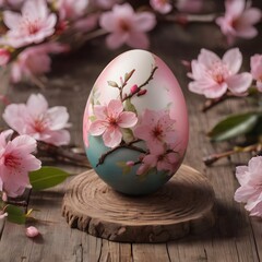 A beautifully drawn (((Easter egg))), intricate details and colors complemented by delicate ((pink cherry blossoms)), set against a (distressed wooden table) with plenty of ((copy space)) around it