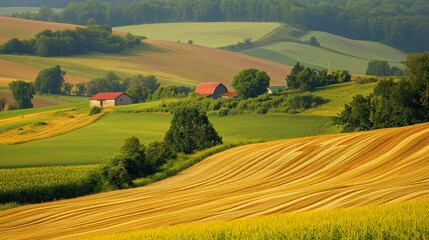 Fototapeta premium Farm landscape photograph. Sprawling farmland over flowing hills.