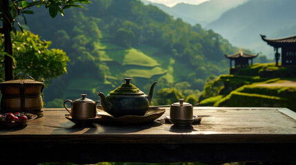 Pristine Tea Garden: Tranquility in Himalayan Panorama - obrazy, fototapety, plakaty