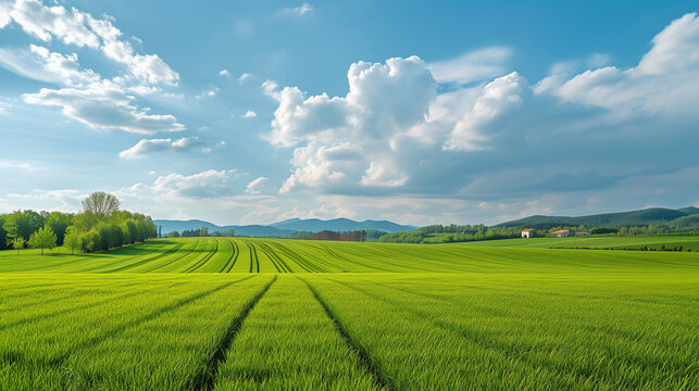Farm landscape photograph. Sprawling farmland over flowing hills.