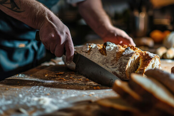 Close-up Chef Using Knife to Skillfully Cut Fresh Bread for Culinary Excellence.




