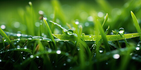 close up dew drops on grass, close up of rain drops on green grass, 