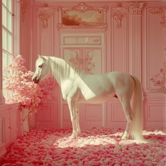 A white horse in a pink room