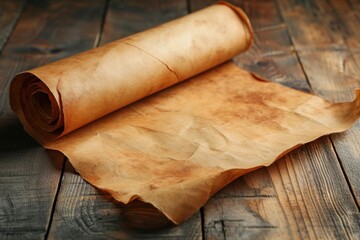 Antique Parchment Scroll Unrolled on a Dark Wooden Table