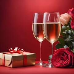 Two glasses of champagne gift box and flowers on a red background. Valentine's day decorations.