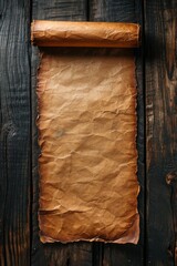 Antique Parchment Scroll Unrolled on a Dark Wooden Table