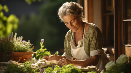 Senior person sewing in her garden