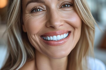 Fototapeta premium Close-up of a bright smiling European senior woman showing off healthy white teeth