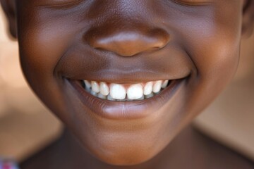 Close-up of a bright smiling African girl child showing off healthy white teeth