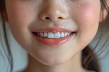 Close-up of a bright smiling Asian girl child showing off healthy white teeth