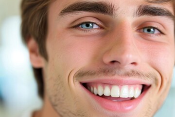 Fototapeta premium Close-up of a bright smiling European young man showing off healthy white teeth