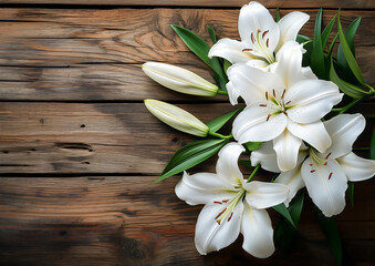 white lillies on wooden background