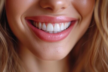 Obraz premium Close-up of a bright smiling European young woman showing off healthy white teeth