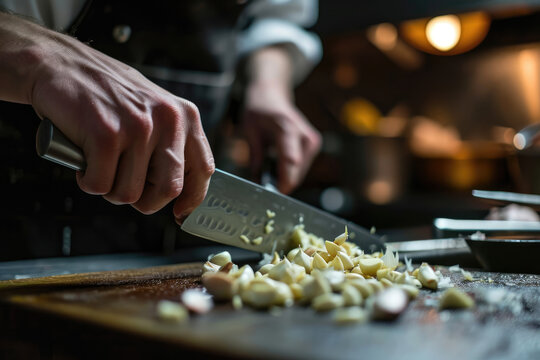 Culinary Mastery Unleashed: Explore the Kitchen Artistry of a Chef, Expertly Cutting and Mincing Garlic with Precision, Elevating the Aroma and Flavor in Culinary Creations.