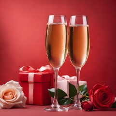 Two glasses of champagne gift box and flowers on a red background. Valentine's day decorations.