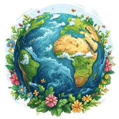 Earth day concept on white background. Cartoon style, World environment day. Illustration of the green planet with plants.