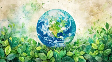 Obraz na płótnie Canvas Earth day concept on white background. Cartoon style, World environment day. Illustration of the green planet with plants.