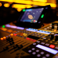Modern sound mixer console with colorful buttons and sliders, set against the backdrop of a live...