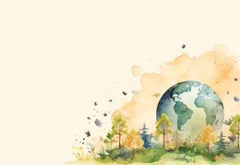 Earth day concept on old paper. Cartoon style, World environment day, with flowers. Illustration of the green planet with plants. Watercolor style
