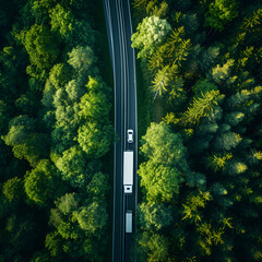 Aerial top view of car and truck driving on highway road in green forest. Sustainable transport. Drone view of hydrogen energy truck and electric vehicle driving on asphalt road through green forest. 