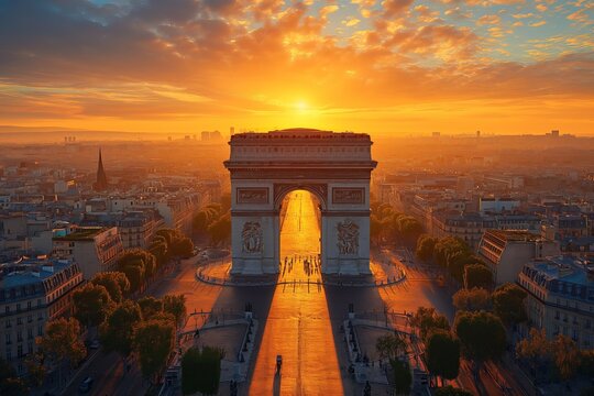 Arc de Triomphe in France, Paris, aerial view on a scenic sunset