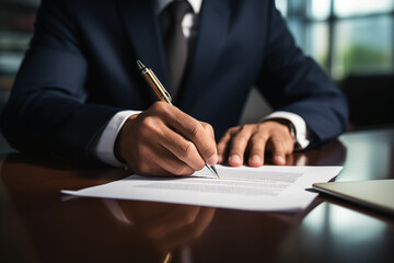 Man businessman signs documents with a pen making the signature sitting at the desk