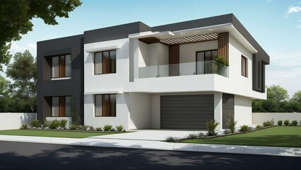 3d house model rendering on white background, 3D illustration modern cozy house. Real estate concept.