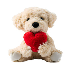 Stuffed Dog Toys, Cute Dog Holding a Red Heart, Plush Doll for Valentines, Fluffy Soft Puppy Toy, Isolated on Transparent Background, PNG