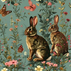easter bunny and wild flower with butterfly illustration