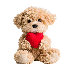 Fluffy Puppy Toy Holding a Red Heart, Cute Stuffed Dog Toys, Plush Doll for Valentines, Isolated on Transparent Background, PNG