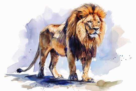 Watercolor of a big impressive lion on white.