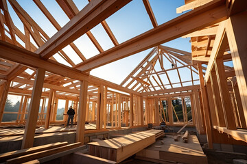 Fototapeta premium construction of a wooden house, a house being constructed with wooden framing,