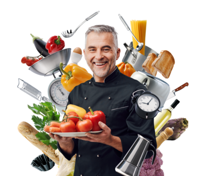 Professional creative chef portrait with kitchen utensils