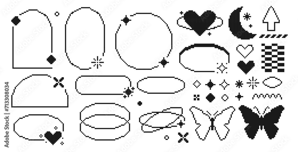 Aufkleber set of y2k pixel line frame. abstract shape with heart and butterfly. modern aesthetic line elements
