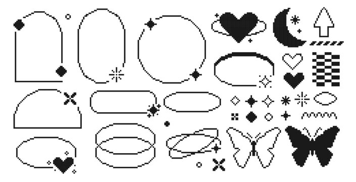 Set of Y2K pixel line frame. Abstract shape with heart and butterfly. Modern aesthetic line elements in retro style. Arch frame with sparkles for social media, simple decorative border