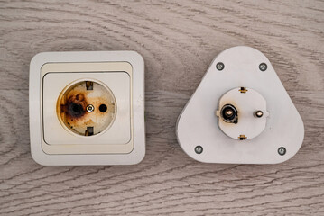 Plug and socket burned melted electrical short circuit or burnout due to poor contact