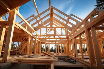 construction of a wooden  house, a house being constructed with wooden framing,