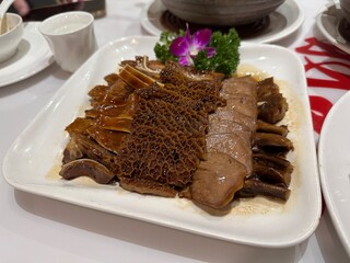 Cantonese Food Style, Marinated Meat Platter, Marinated platter (Lo Mei platter) with marinated beef tripe, pig ears, pork tongues and duck tongues, traditional Chinese cuisine food