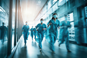 Medical staff in a hurry at a modern hospital corridor. Generative AI image