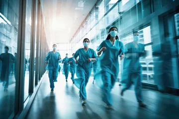 Fotobehang Medical staff in a hurry at a modern hospital corridor. Generative AI image © ADDICTIVE STOCK CORE