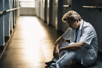 Fototapeta na wymiar Exhausted doctor taking a break in hospital corridor. Generative AI image