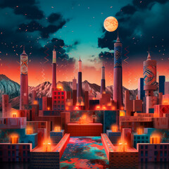 A surreal cityscape with towering patterned skyscrapers against a backdrop of majestic mountains and a full moon in a twilight sky. A world of magic and enchantment