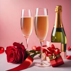 Two glasses of champagne gift box and flowers on a red background. Valentine's day decorations.