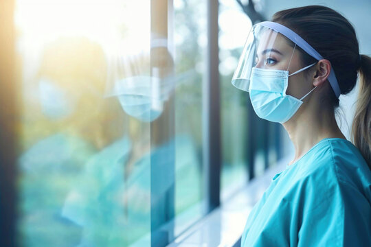 Contemplative healthcare worker in PPE gazing outside. Generative AI image