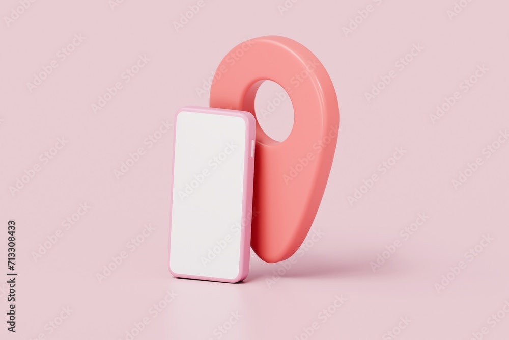 Aufkleber 3d pin pointer gps with smartphone white screen isolated on pink pastel background. location concept