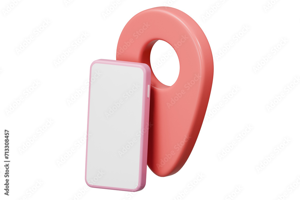 Aufkleber 3d pin pointer gps with smartphone white screen isolated on pink pastel background. location concept