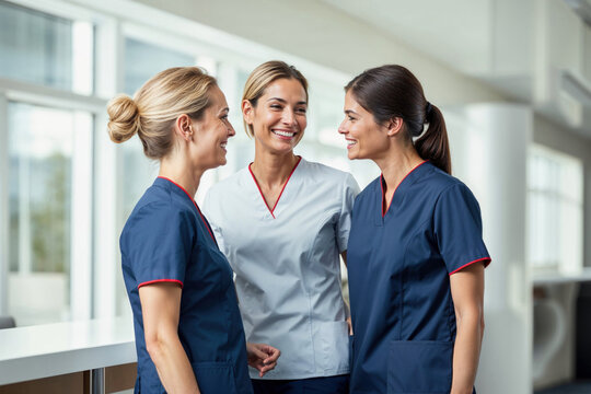 Smiling female healthcare professionals in conversation. Generative AI image