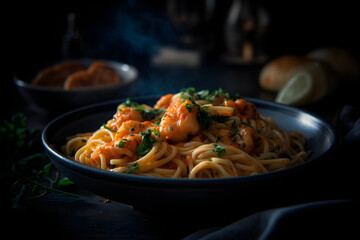 Creamy seafood spaghetti with spicy shrimp, Mediterranean style