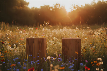 Rustic Wooden Product Stands in Wildflower Meadow at Golden Hour, Ideal for Outdoor Display